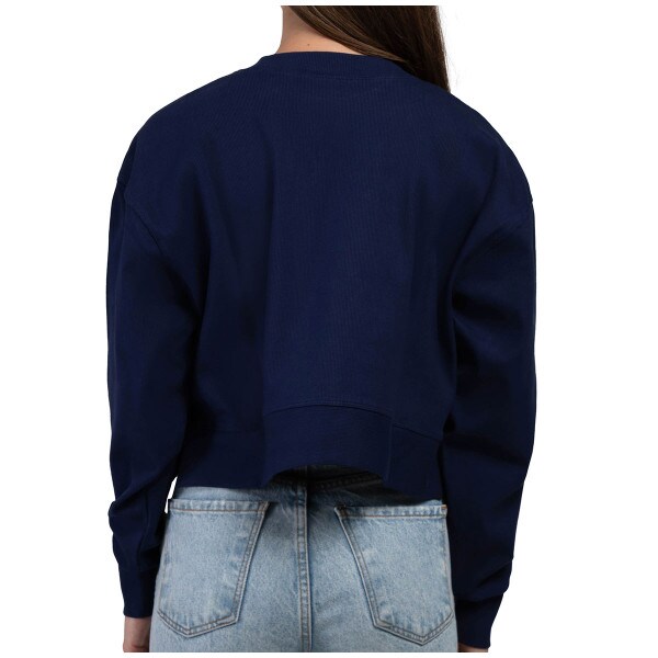 back view of model wearing women's navy crew sweatshirt with stitched Penn State across chest